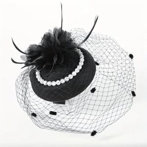 🖤 Pinup Accessory 1950s Retro Vintage Fascinator Black Pillbox Pearl Veil Hat